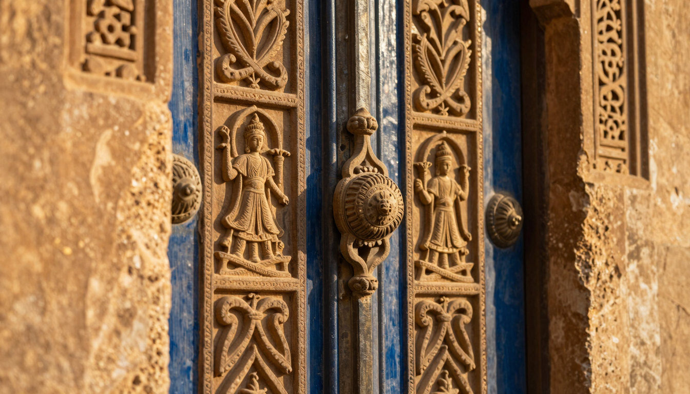 Close-up of intricate stone carvings on an ancient Cairo mosque door, warm golden sunlight, shallow depth of field, architectural detail.