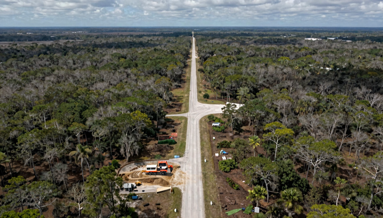 High-altitude aerial drone view of a developing corridor in Central Florida, transitioning from rural pine scrub to active grading, crisp overcast light.