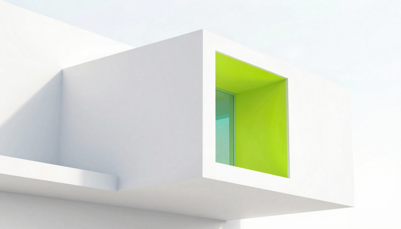Bright high-key architectural photograph of a modern white minimalist building exterior, sharp geometric lines, clean shadows, bright daylight