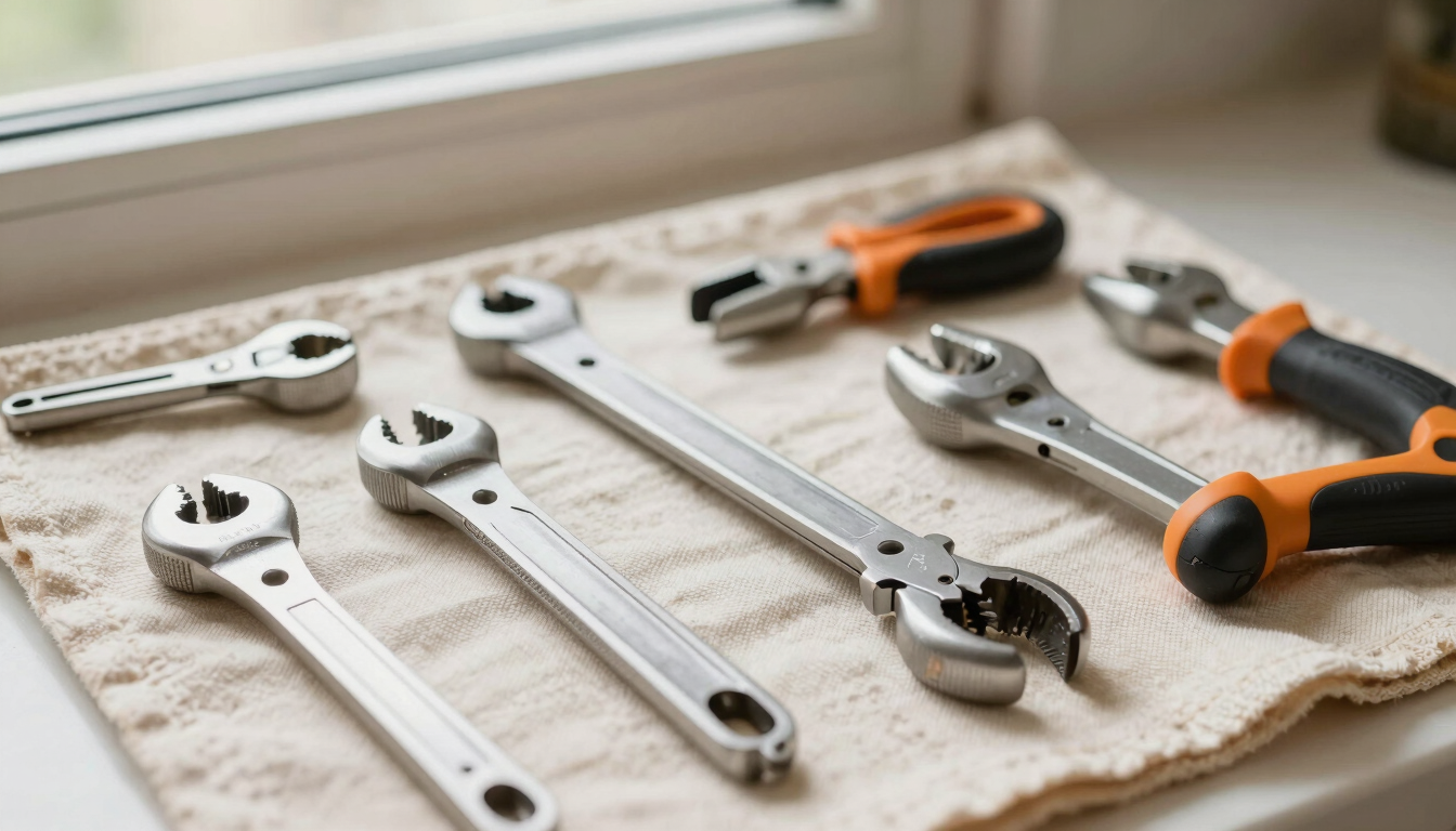 Tight macro shot of clean, professional handyman tools neatly organized on a canvas drop cloth, soft natural light, 35mm