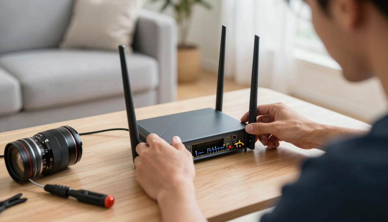 Portrait framing of a local technician's hands configuring a modern router on a living room table, natural daylight, clean tools visible.