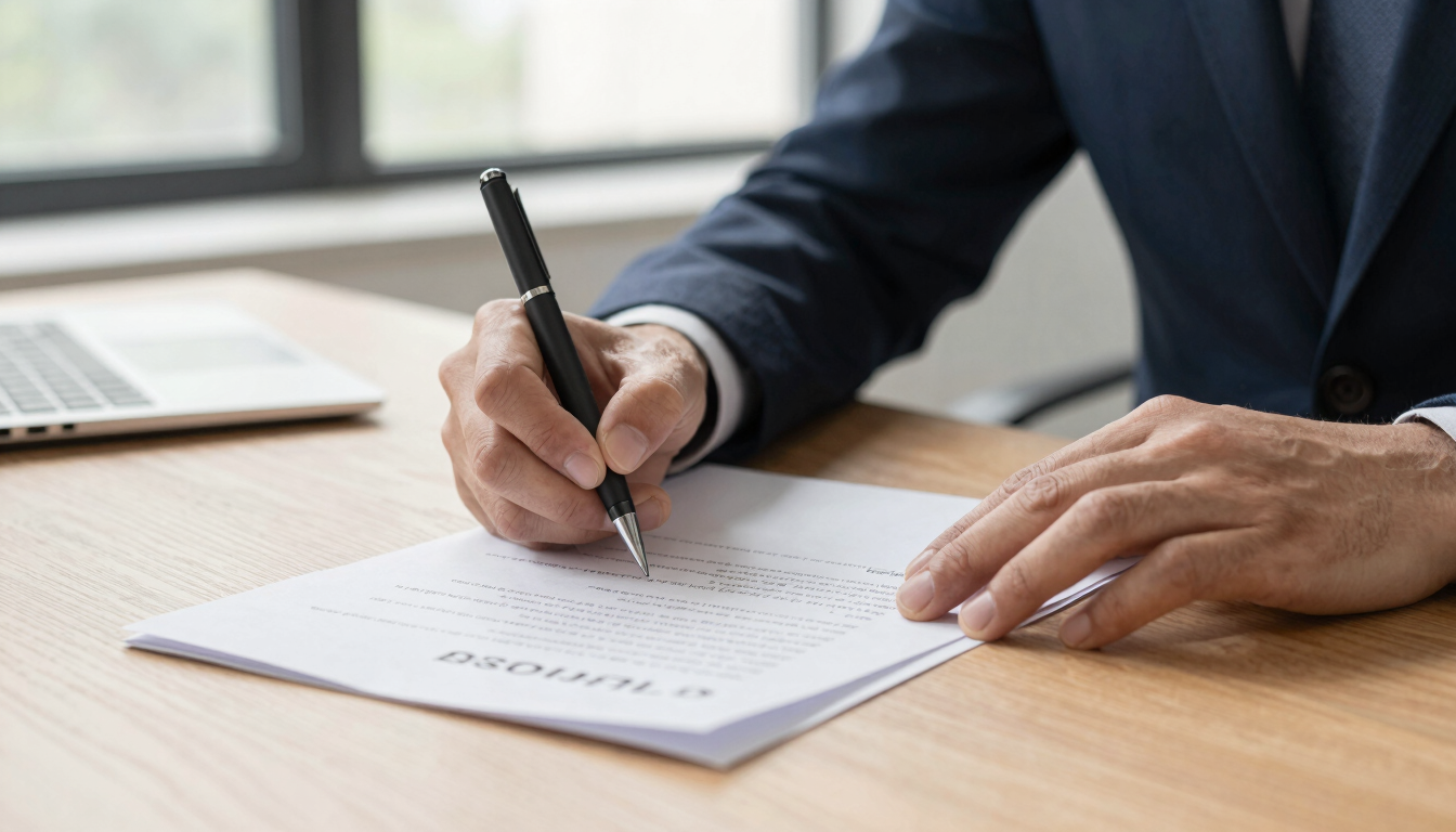 Close-up of hands signing legal financial documents on a warm-toned wooden desk, bright daylight streaming through an office window, editorial corporate photography.