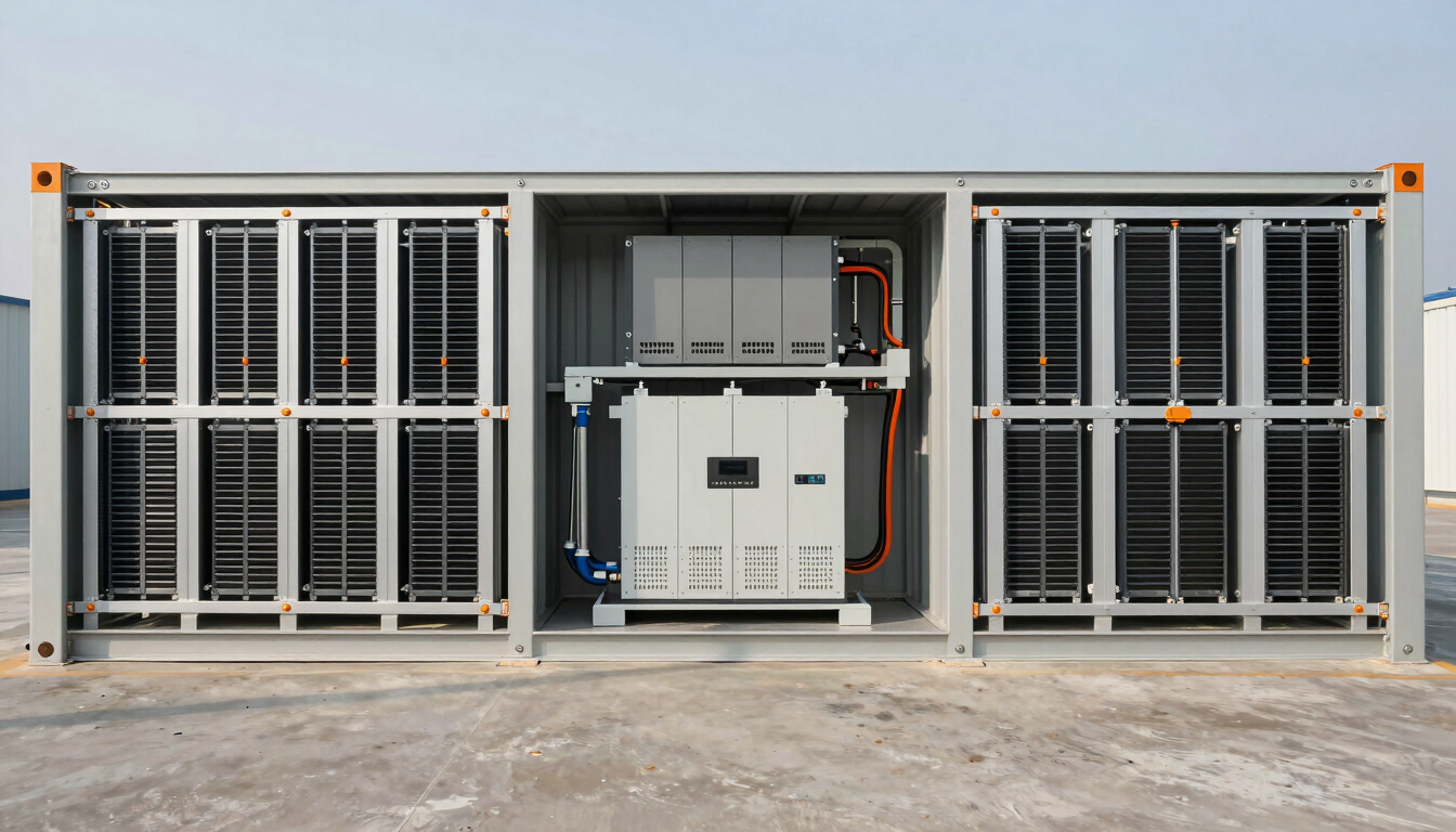 Detailed cutaway diagram of an industrial battery storage container, showing liquid-cooled battery racks, HVAC systems, and central inverter units, crisp technical render.