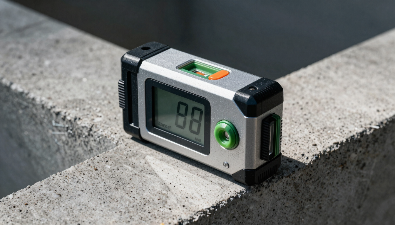 Macro shot of a high-precision digital laser level measuring tool resting on a textured concrete structure, high-contrast cool lighting, geometric precision.