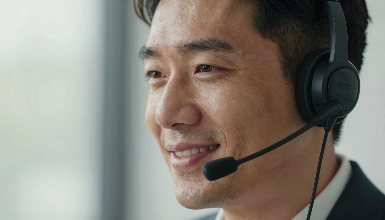 Close-up of a modern US-based sales professional wearing a sleek headset, smiling naturally in soft daylight, tight professional framing