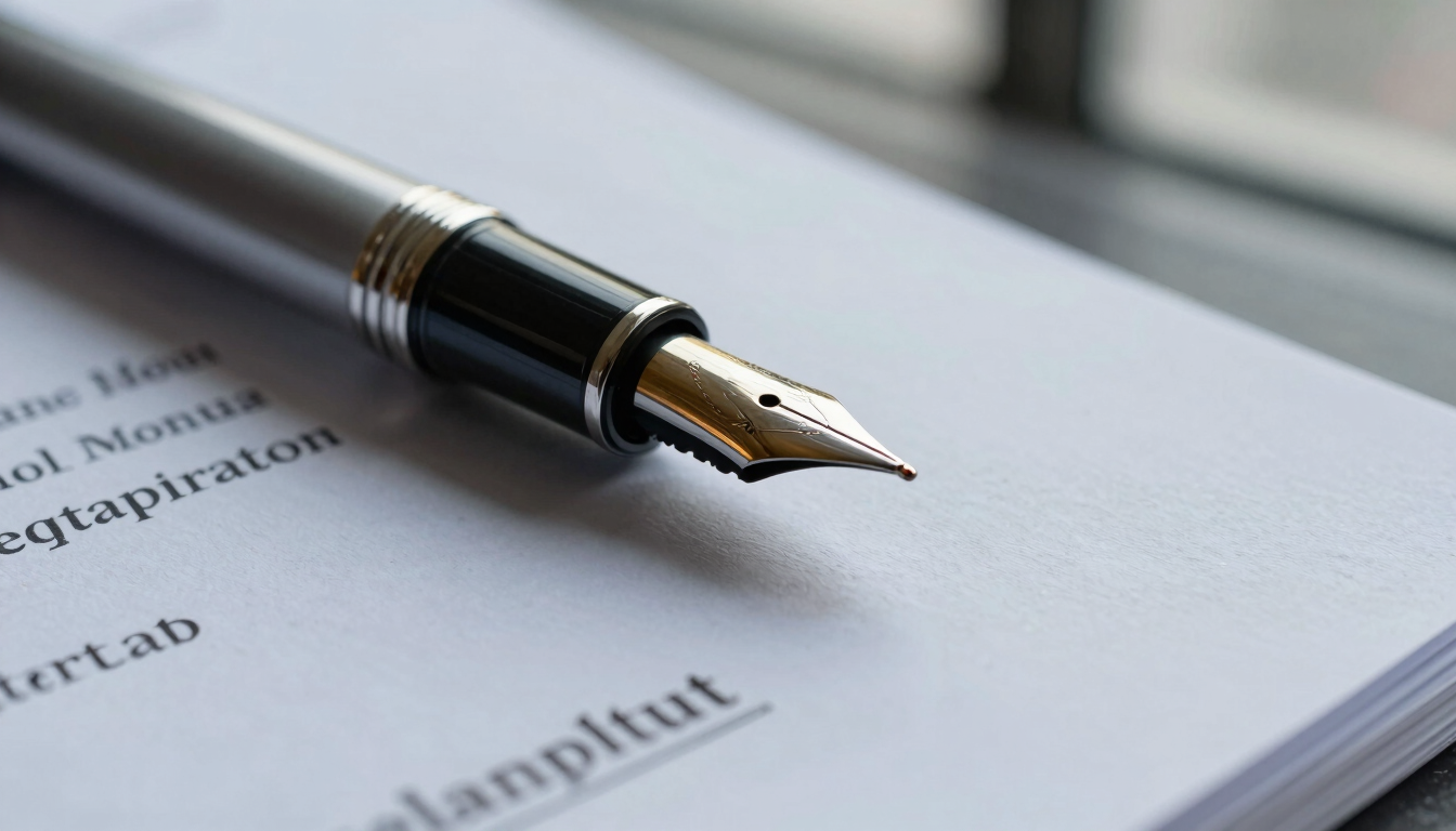 Extreme close-up of a high-quality fountain pen resting on a clean financial restructuring document, cool overcast daylight from a high-rise window, shallow depth of field.