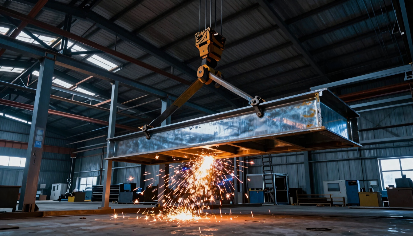 Wide environmental shot of a crane lifting a heavy steel rafter into place on an industrial shed frame, sparks from welding below, dramatic high-contrast lighting.