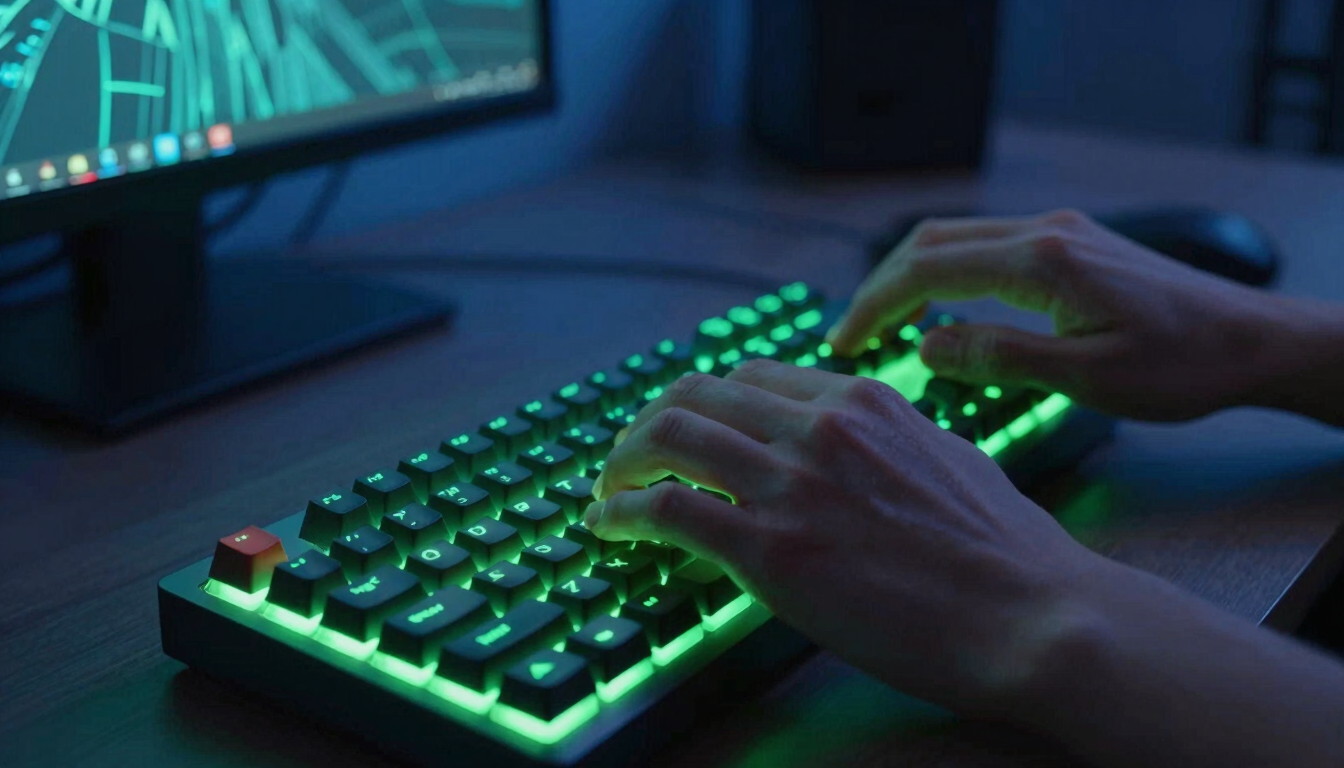 Moody close-up of hands typing on a mechanical keyboard, glowing neon green backlighting, focused workspace atmosphere, sharp focus, 35mm