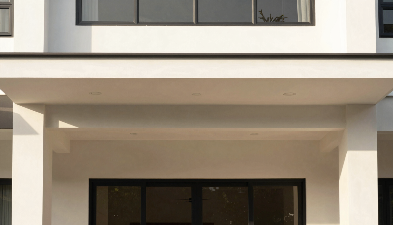 A straight-on architectural elevation of a modern home facade in Klang Valley, showcasing clean ACP awning lines and a seamless transition to a bright interior, warm minimalist aesthetic, sharp focus