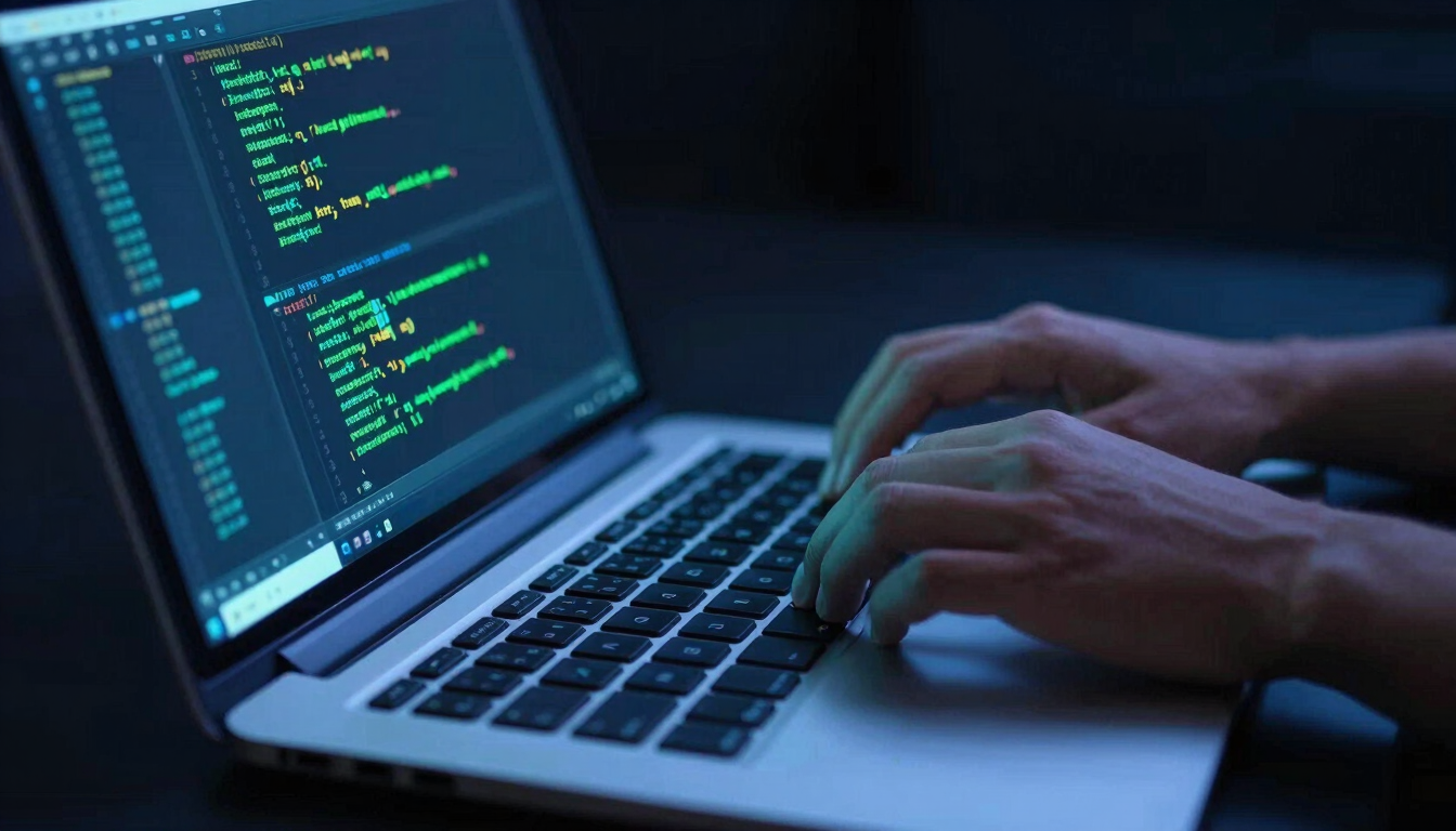 Dynamic close-up of a professional developer coding on a modern laptop, hands on keyboard, screen glowing with neon blue and green code, high-contrast studio lighting, 35mm photography