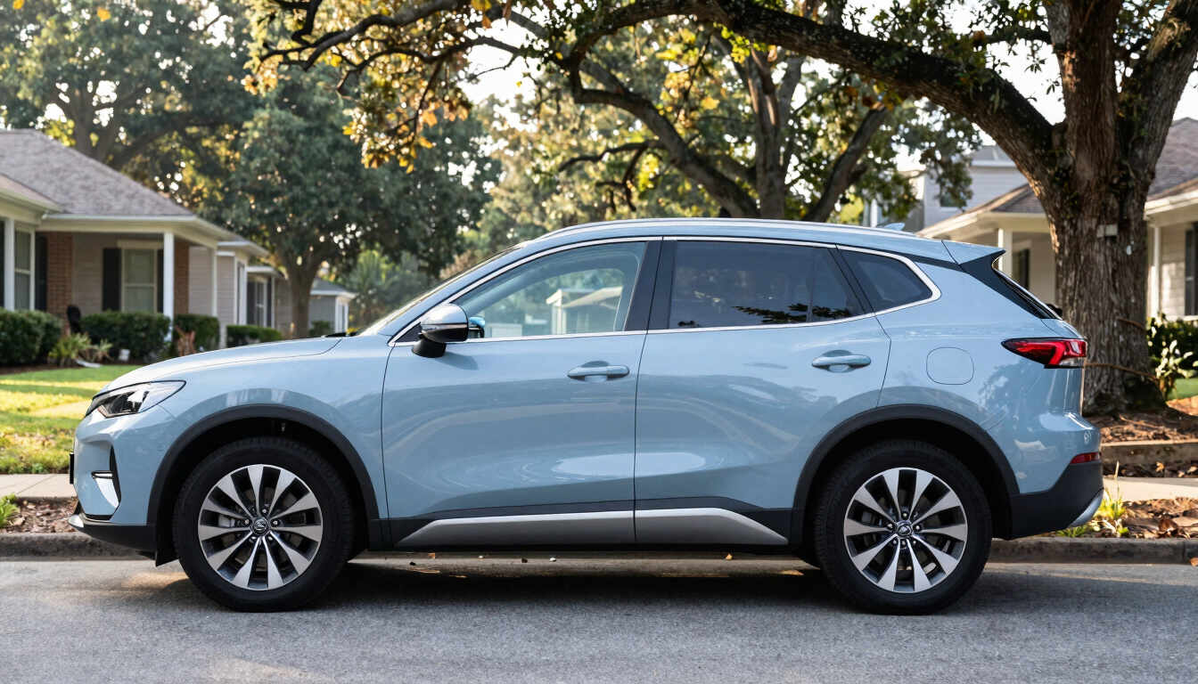 A clean modern SUV parked on a quiet residential street in Birmingham, Alabama, soft morning sun filtering through oak trees, professional editorial style.