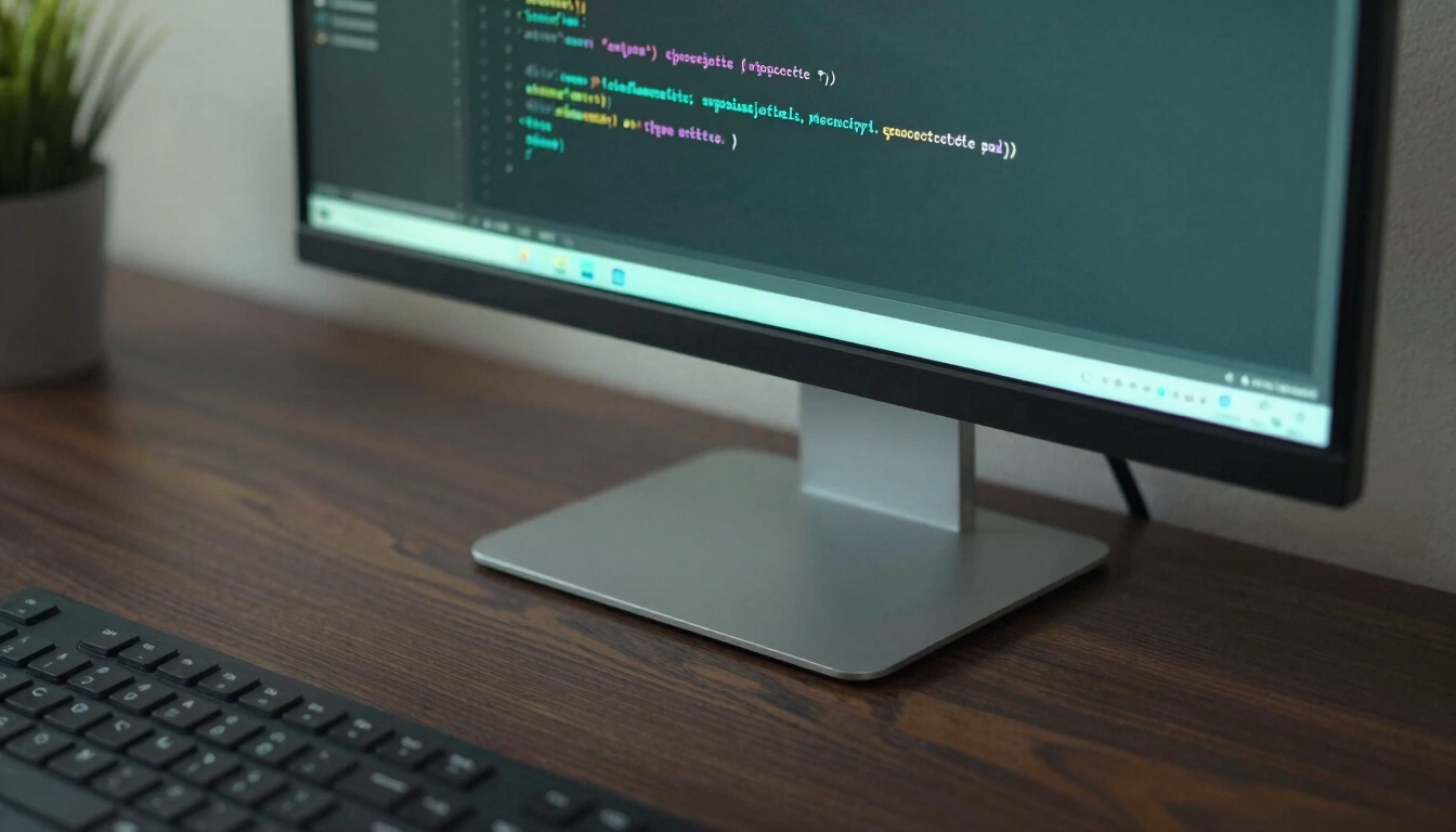 Close-up of a clean code editor on a monitor, reflecting a subtle mint-teal glow on a dark wooden desk, cool natural daylight, sharp focus.