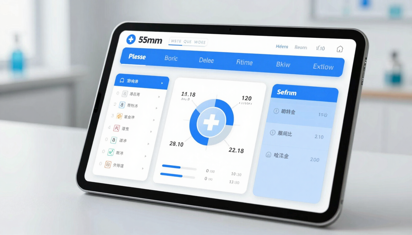 Close-up of a clean abstract healthcare UI dashboard on a tablet in a bright clinical environment, soft natural daylight, professional editorial framing, 35mm.