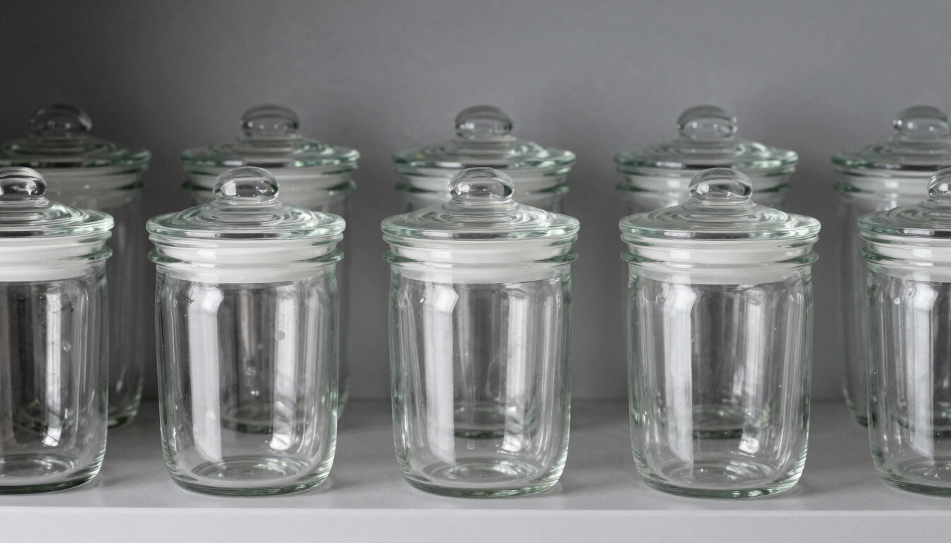 Pristine glass storage jars with airtight lids, arranged neatly on a clean gray shelf, bright studio lighting, crisp reflections