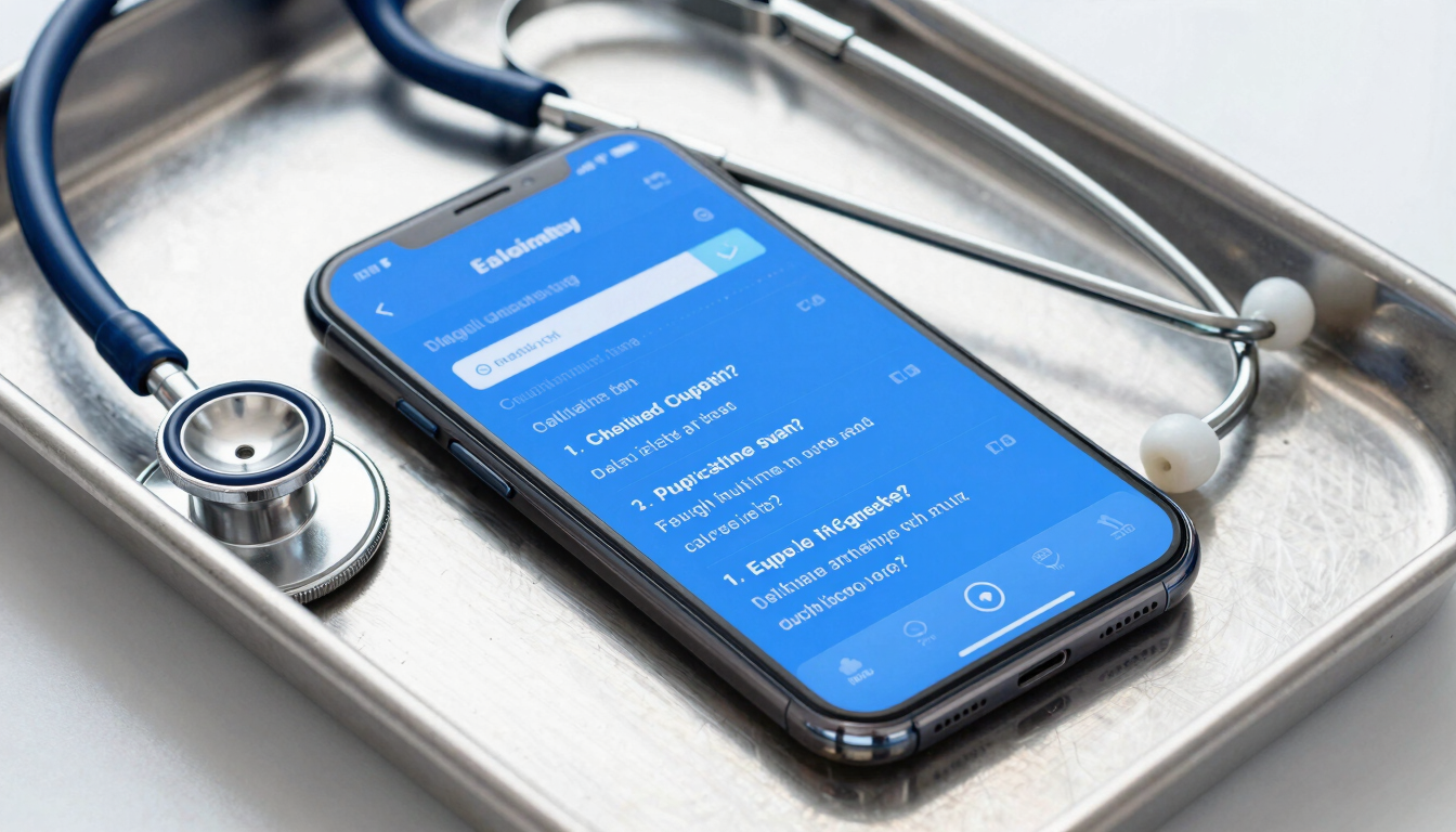 A crisp macro photograph of a smartphone resting on a clean steel clinical tray next to a stethoscope, screen glowing with a rapid-fire medical diagnostic question.