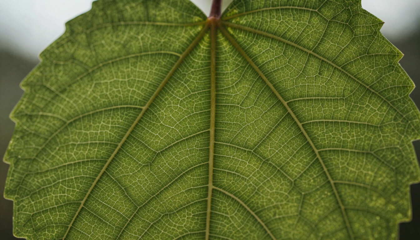 Macro close-up of natural leaf veins forming a perfect, structured grid pattern, soft overcast daylight, high-contrast details.