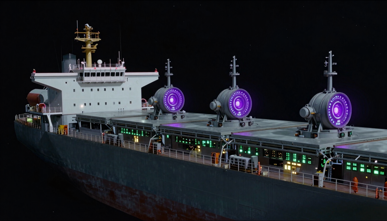 Wide-angle side profile of a massive industrial cargo ship with cargo spindles expanded, glowing purple cockpit telemetry, cold dark space background, 35mm cinematic sci-fi photography.