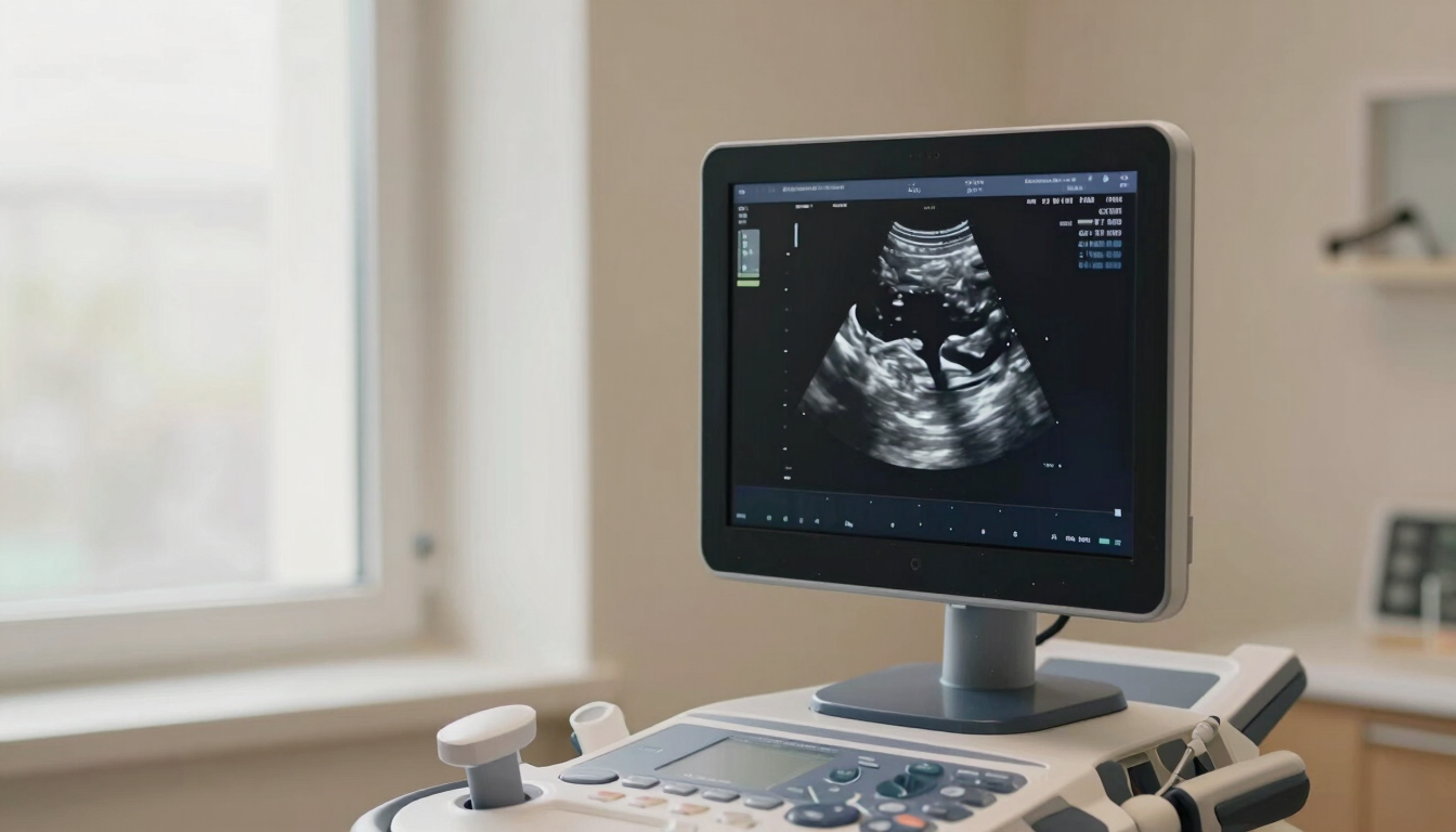 Warm editorial photography of a modern clinical room, high-resolution ultrasound screen showing a detailed fetal scan, soft window light, elegant neutral beige tones, shallow depth of field, 35mm.