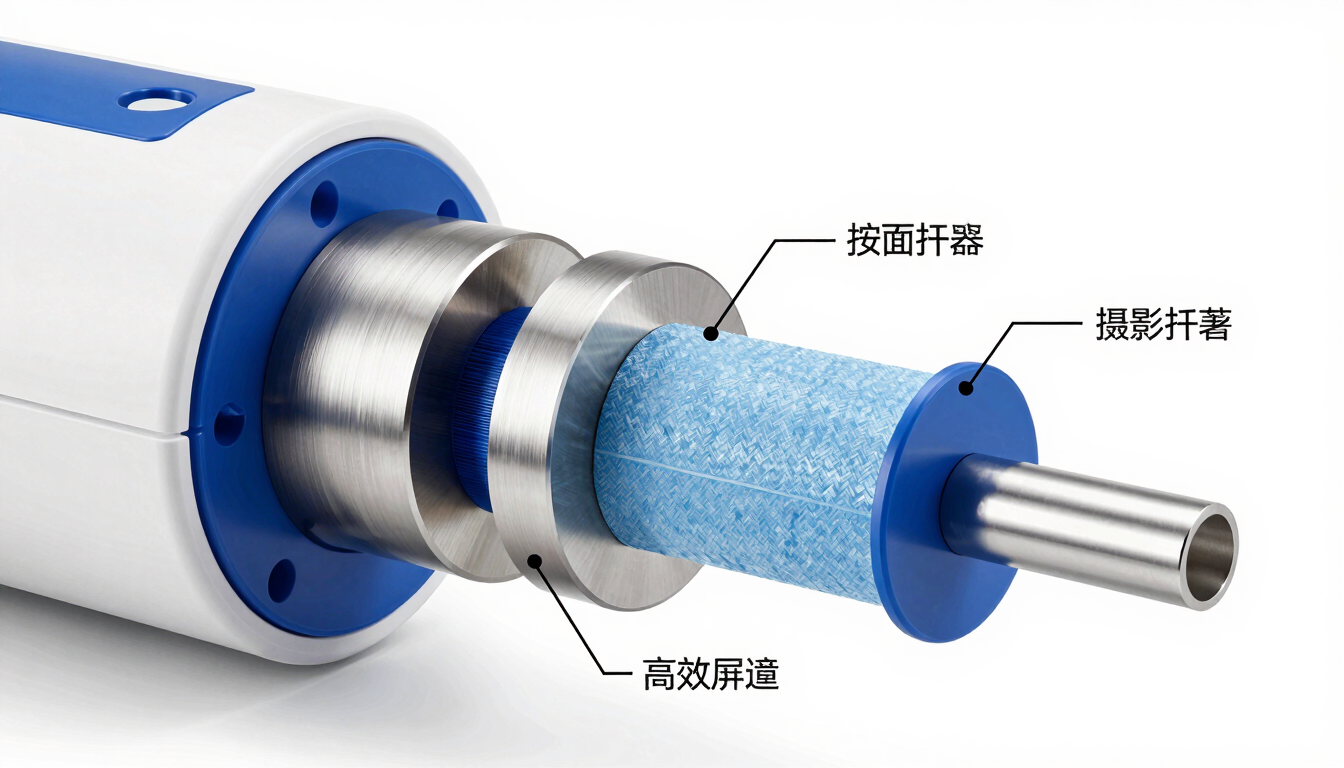 Exploded-view technical schematic of a water ionizer core, showing titanium plates, platinum layers, and intelligent membranes floating apart with technical callouts, high-key clinical white and blue lighting