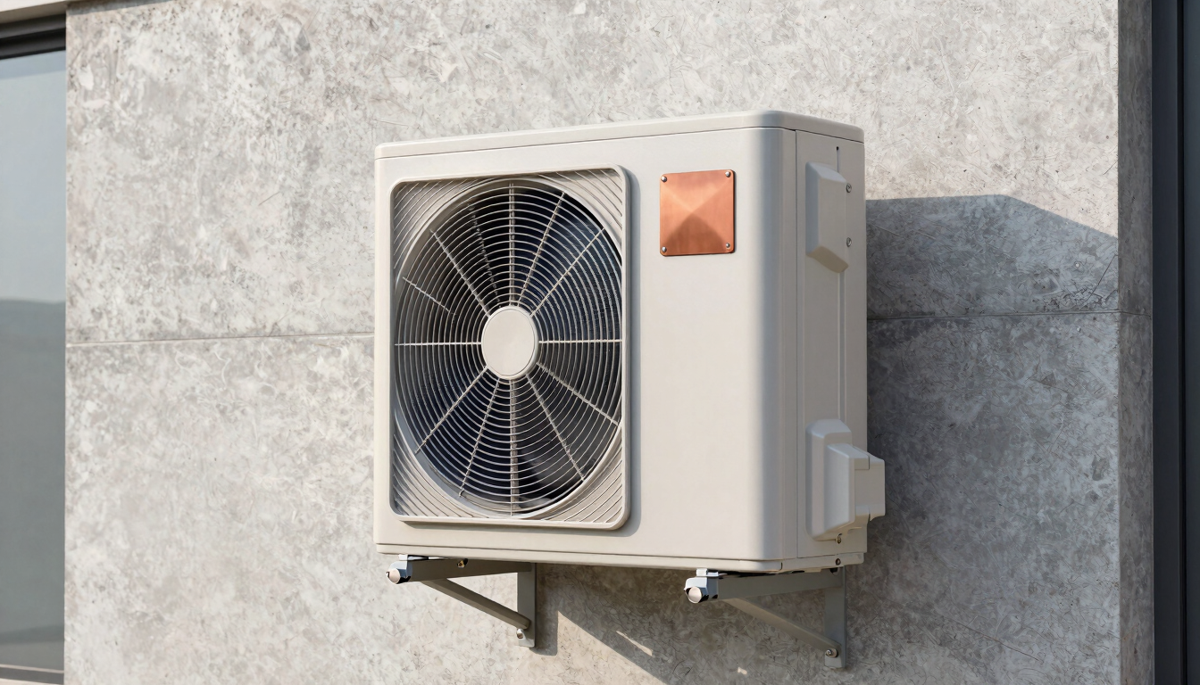 A modern outdoor heat pump unit neatly installed against a light gray concrete wall, crisp natural daylight, clean architectural lines, high detail