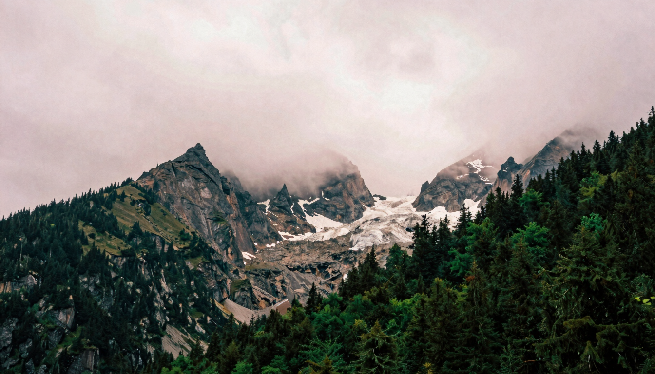 Dramatic high-contrast view of Margherita Peak shrouded in heavy mountain mist, jagged dark rock faces and glaciers under soft overcast alpine light, 35mm film.
