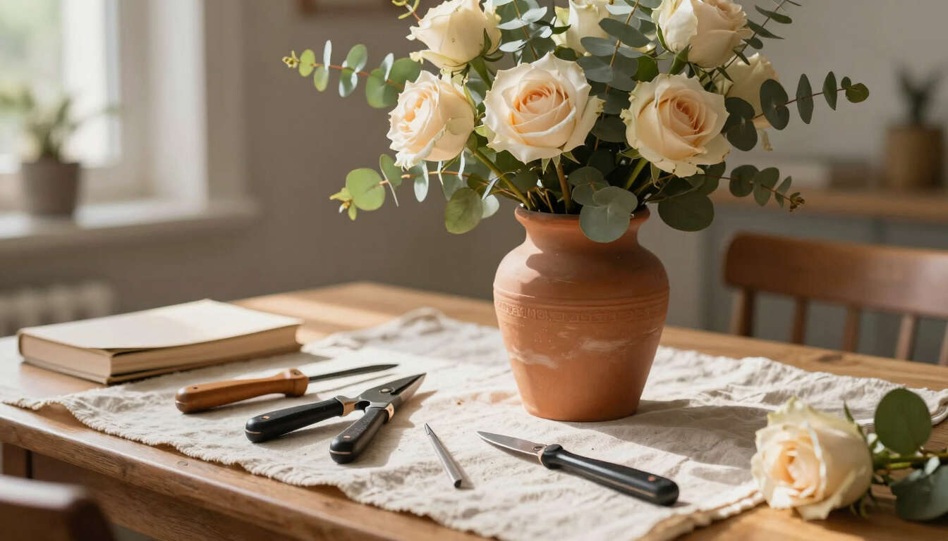 A cozy, sunlit home workspace with a terracotta vase filled with eucalyptus and soft cream-colored roses, clean tools laid out on a linen cloth.