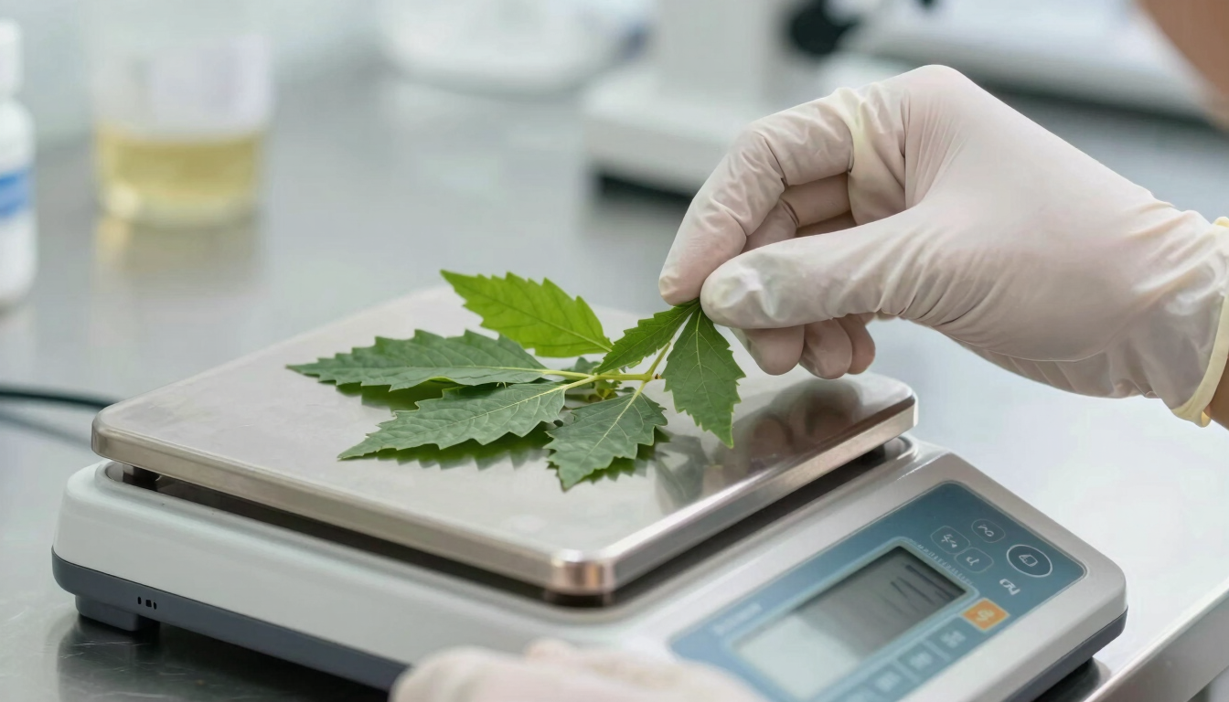 Close-up of hands wearing clean white gloves carefully measuring raw green botanical leaves on a high-precision digital laboratory scale, stainless steel counter, soft natural lighting.