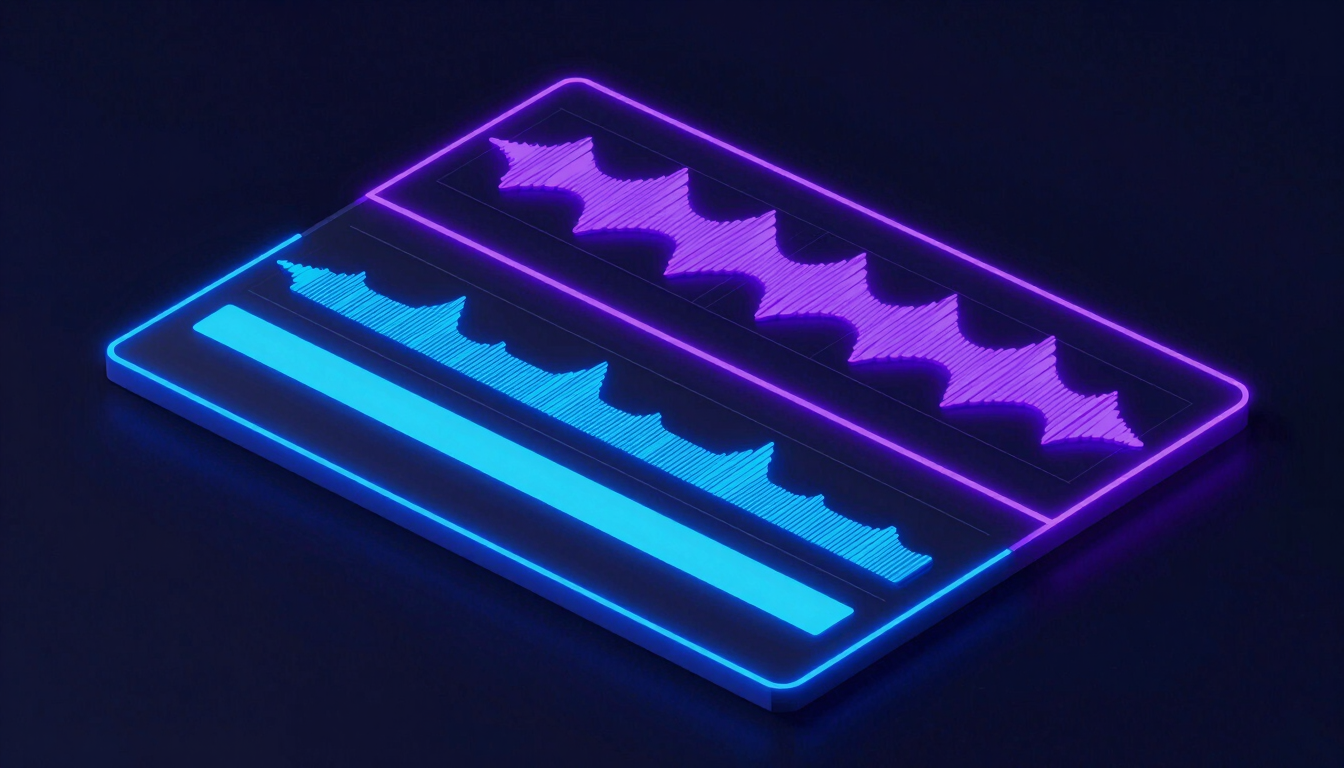 Sleek UI 3D render of a video editing timeline with audio waveforms, dark navy background, vibrant electric blue and purple neon glow, crisp digital detail, isometric perspective.
