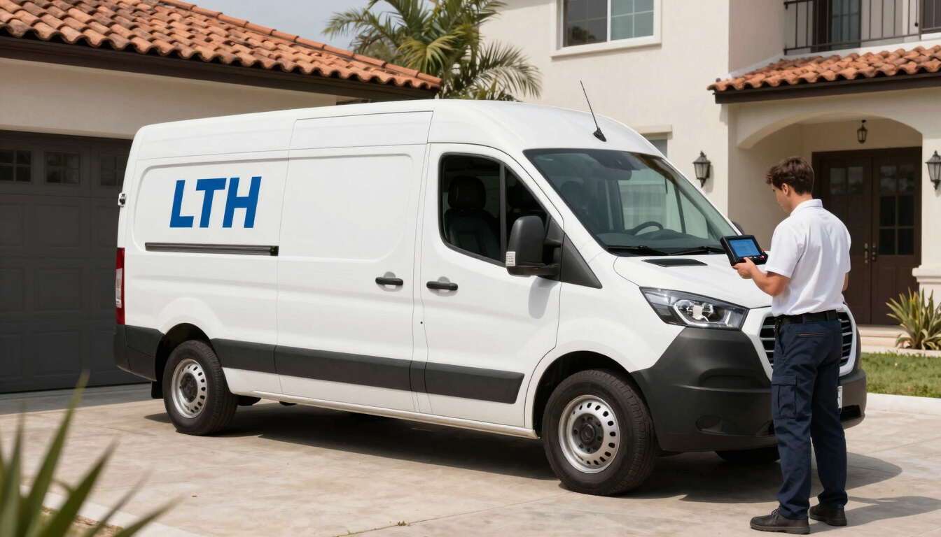 Wide panoramic shot of a clean, branded LTH service vehicle parked in an upscale residential driveway in San Pedro Garza García, a technician in a crisp uniform holding a digital diagnostic scanner, bright daylight