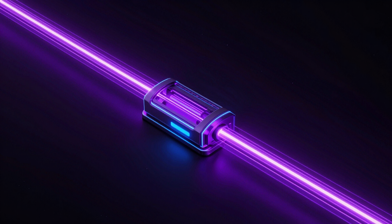 Sleek 3D render of a glowing data pipeline, vibrant purple laser paths cutting through dark space, high-contrast neon lighting, technical precision.