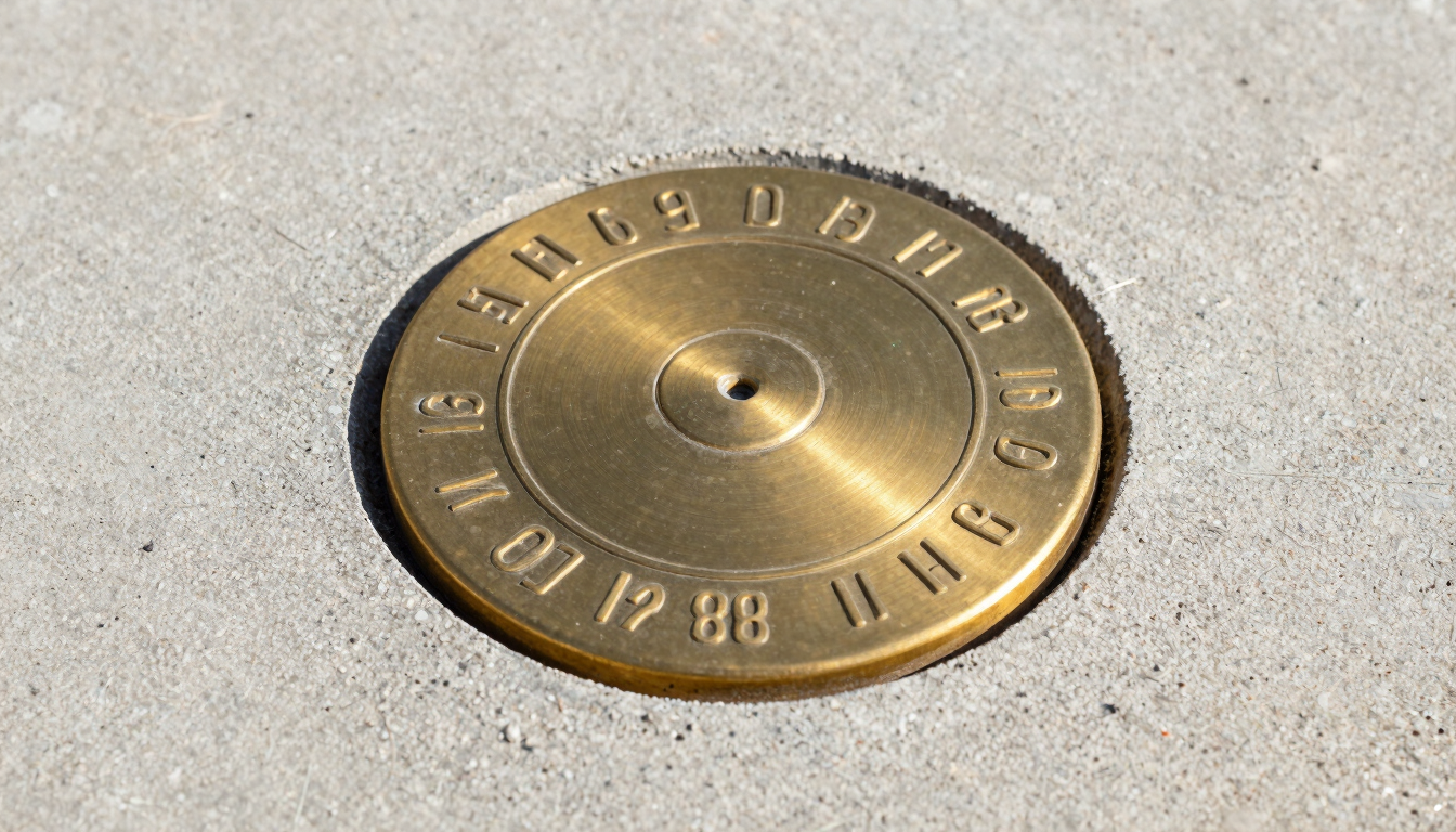 A close-up of a solid brass boundary marker disc stamped with legal coordinates, set in concrete on an Idaho property line, sharp focus, morning light
