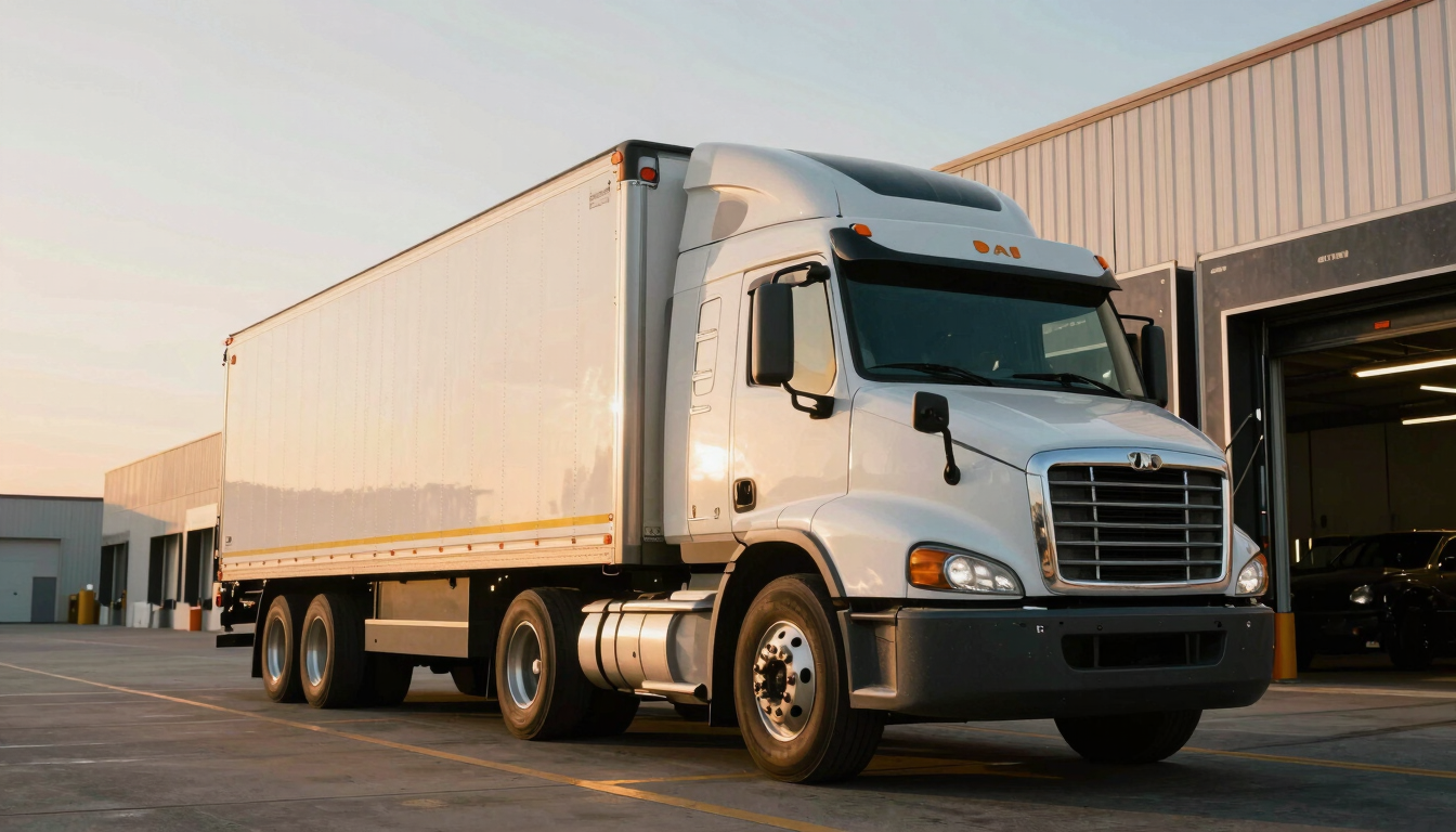 A clean, heavy-duty semi-truck with a refrigerated trailer parked at a modern warehouse loading dock during sunrise, crisp morning light
