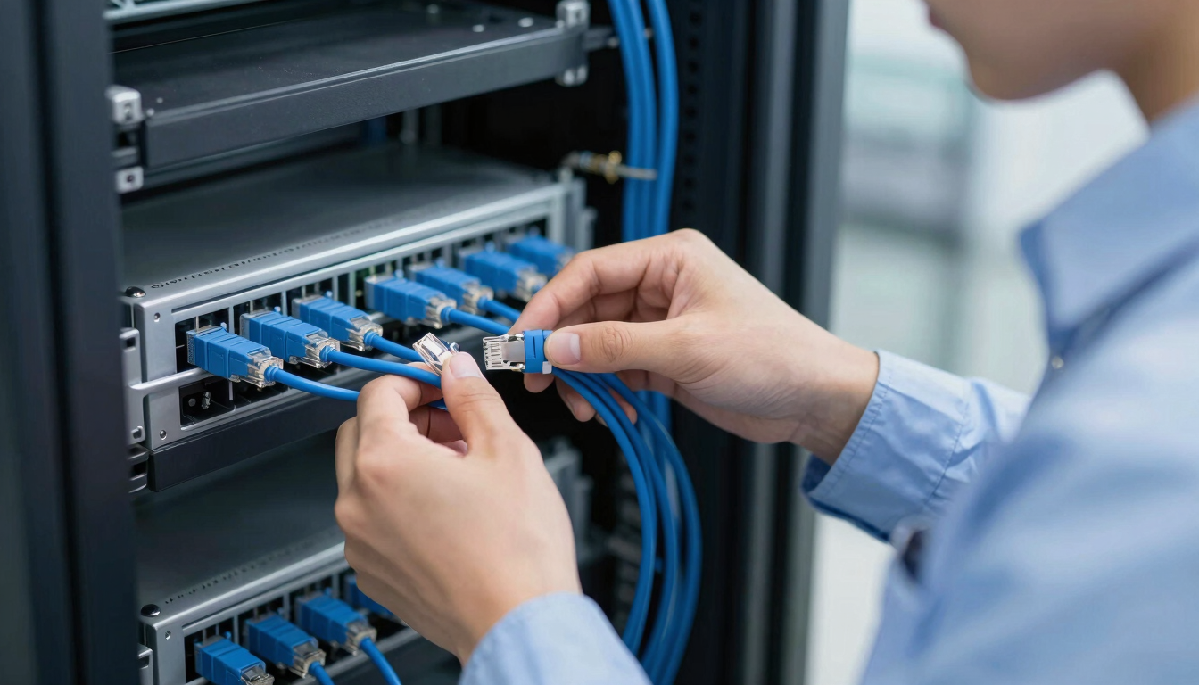 Close-up of a professional technician in a clean uniform organizing blue ethernet cables in a server rack, sharp focus, professional depth of field