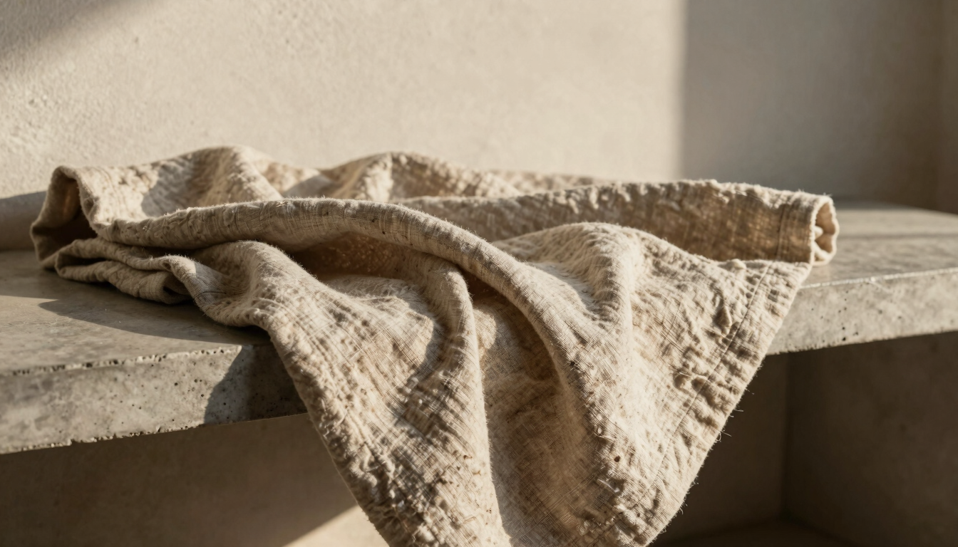 Macro shot of heavy-weight double-sided linen blanket draped over a minimalist concrete bench, raw plaster wall background, warm afternoon sun, shallow depth of field.