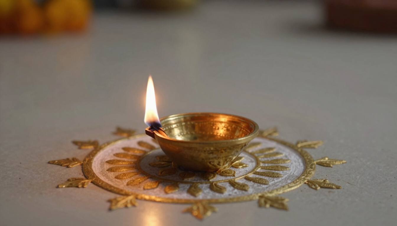 A close-up of an elegant brass diya lit with a warm flame, casting soft golden light on a traditional South Indian kolam pattern on a clean floor.
