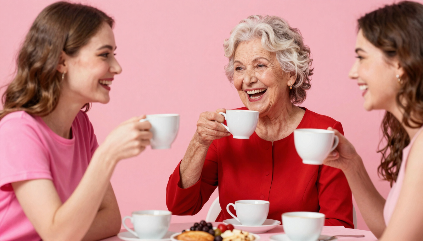 Vibrant editorial photography of a beautiful older woman in a crimson dress having a lively tea party with a younger woman in a pink top, laughing together, bright high-contrast daylight, dynamic motion, 35mm lens.