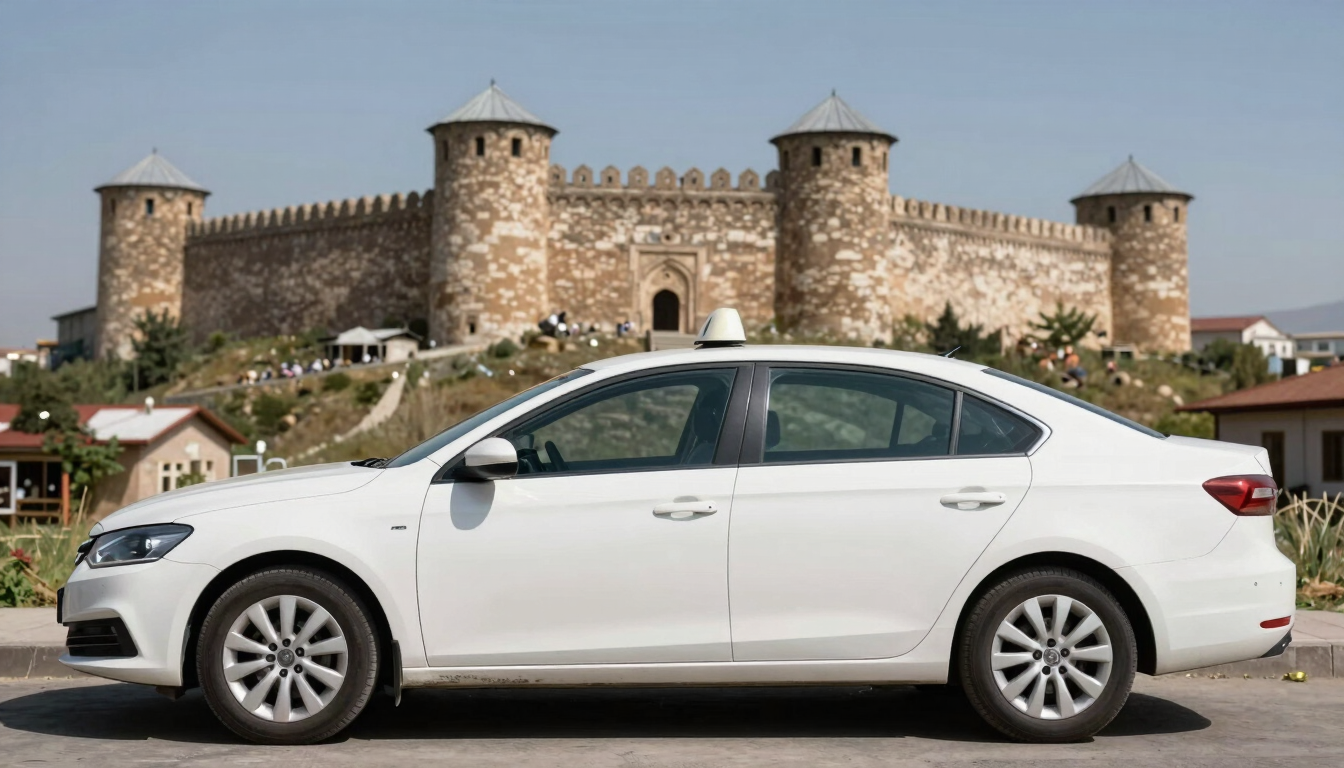 A clean white taxi waiting in front of the historic Harput Castle in Elazığ, bright natural daylight, authentic local atmosphere.