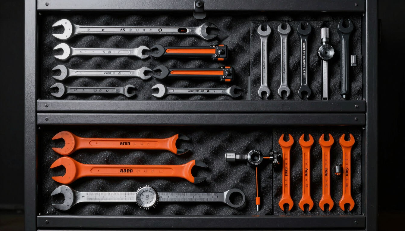 A professional industrial tool cabinet with custom 5S foam inserts holding orange and black premium German wrenches and micrometers, high-contrast studio lighting, dark metallic tones, 50mm