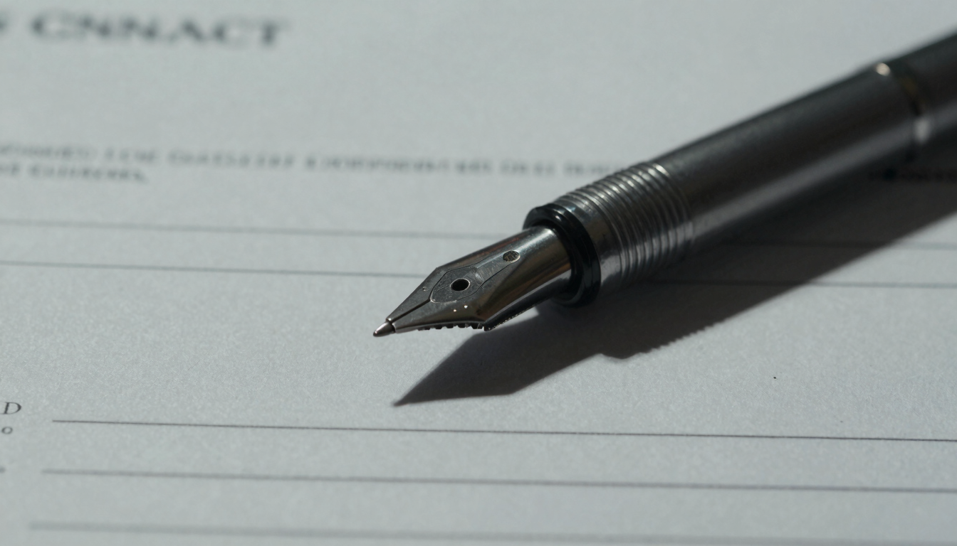 Macro photograph of a heavy steel pen resting on a structured commercial contract, cool desaturated lighting, deep shadows.