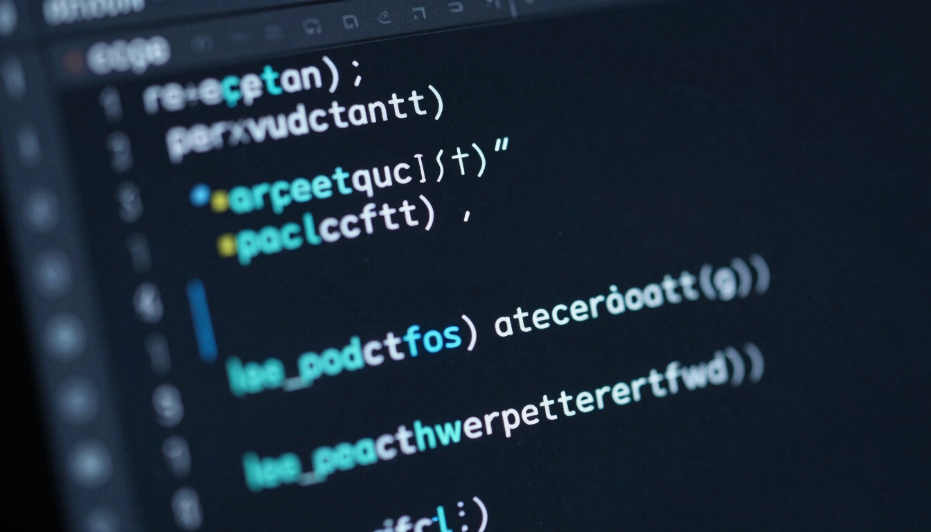Extreme macro close-up of clean, well-structured code on a dark IDE screen with subtle electric cyan highlights, moody low-key studio lighting, sharp focus on syntax