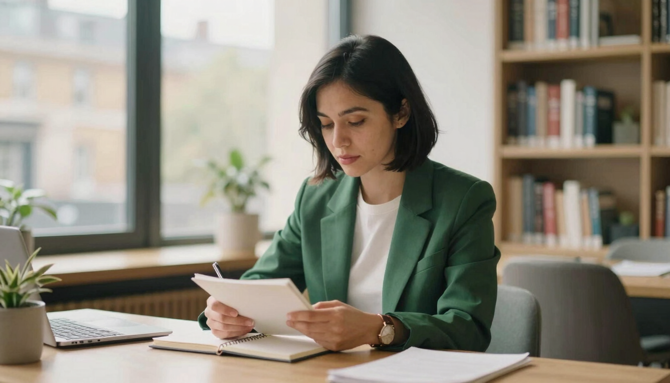 A professional personal finance creator writing notes in a warm, modern London library, soft natural daylight, 35mm film style