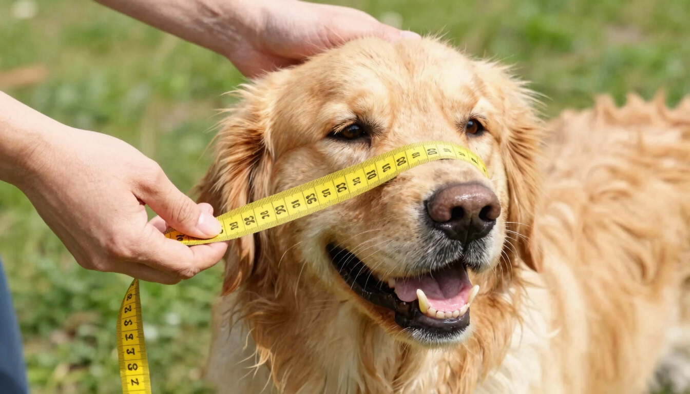 A close-up of hands gently measuring a happy golden retriever with a soft yellow measuring tape, bright natural daylight, focusing on the tape and the pet's calm expression