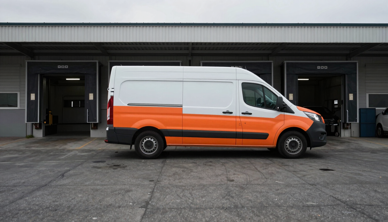 Industrial documentary photography, side view of a modern clean cargo van parked at an active loading dock, early morning overcast light, desaturated asphalt tones with safety orange details, 35mm lens.