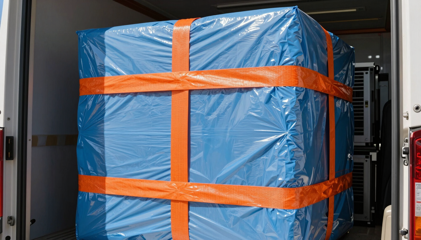 Close-up of industrial protective wrapping on a server rack, heavy-duty orange straps securing the cargo inside a clean truck interior.