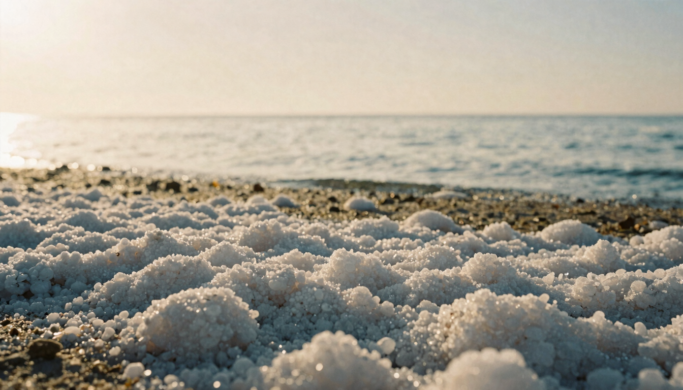 A close-up of delicate salt crystals forming on the quiet shoreline of Mar Menor, soft golden hour sunlight filtering through the hazy Mediterranean air, 35mm film texture