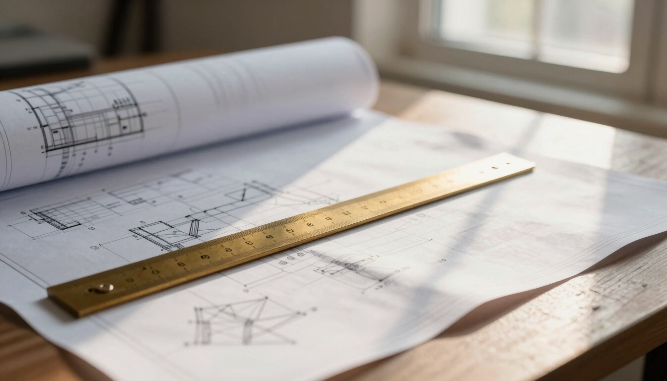 An architect's desk with detailed blueprints, a brass ruler, and soft morning sunlight streaming across the paper, shallow depth of field, 35mm