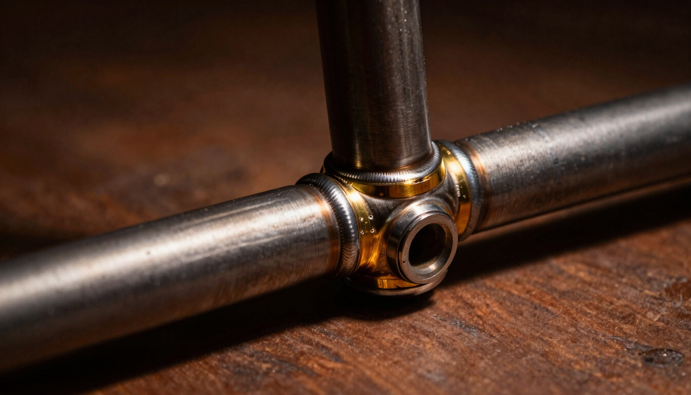 Macro shot of raw Columbus steel tubes and clean brass welds on a bicycle frame, dramatic studio lighting, 35mm
