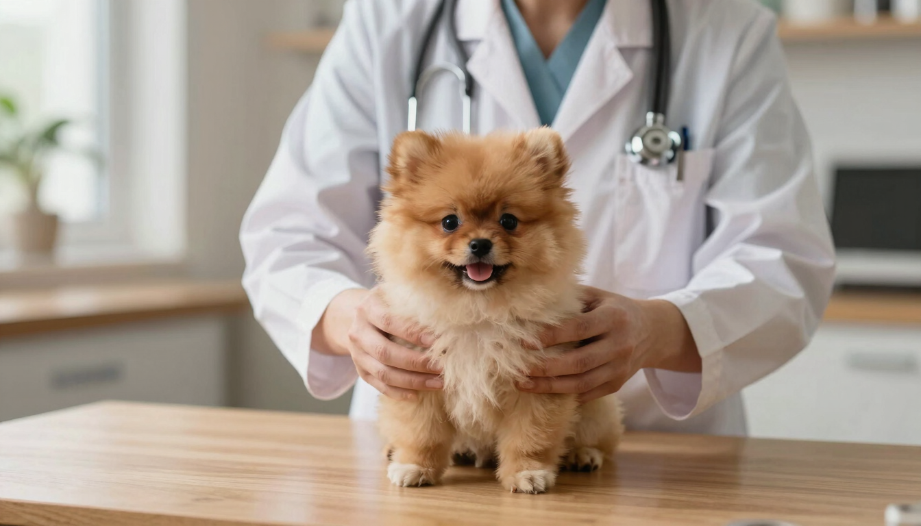 A warm, natural daylight medium shot of a veterinarian gently examining a small Pomeranian puppy on a clean wooden table.