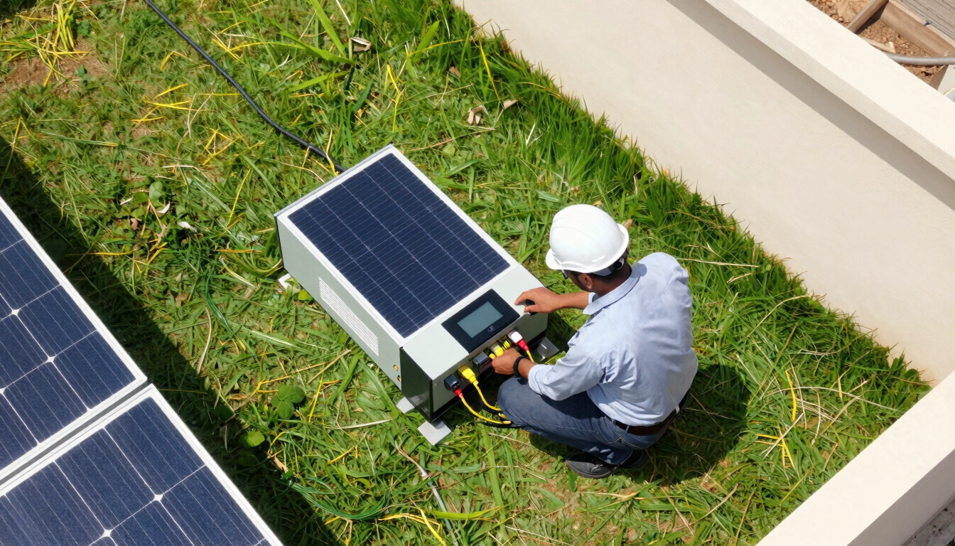 An engineer in a white hardhat examining a digital solar inverter connection on a bright sunny day in Hyderabad.