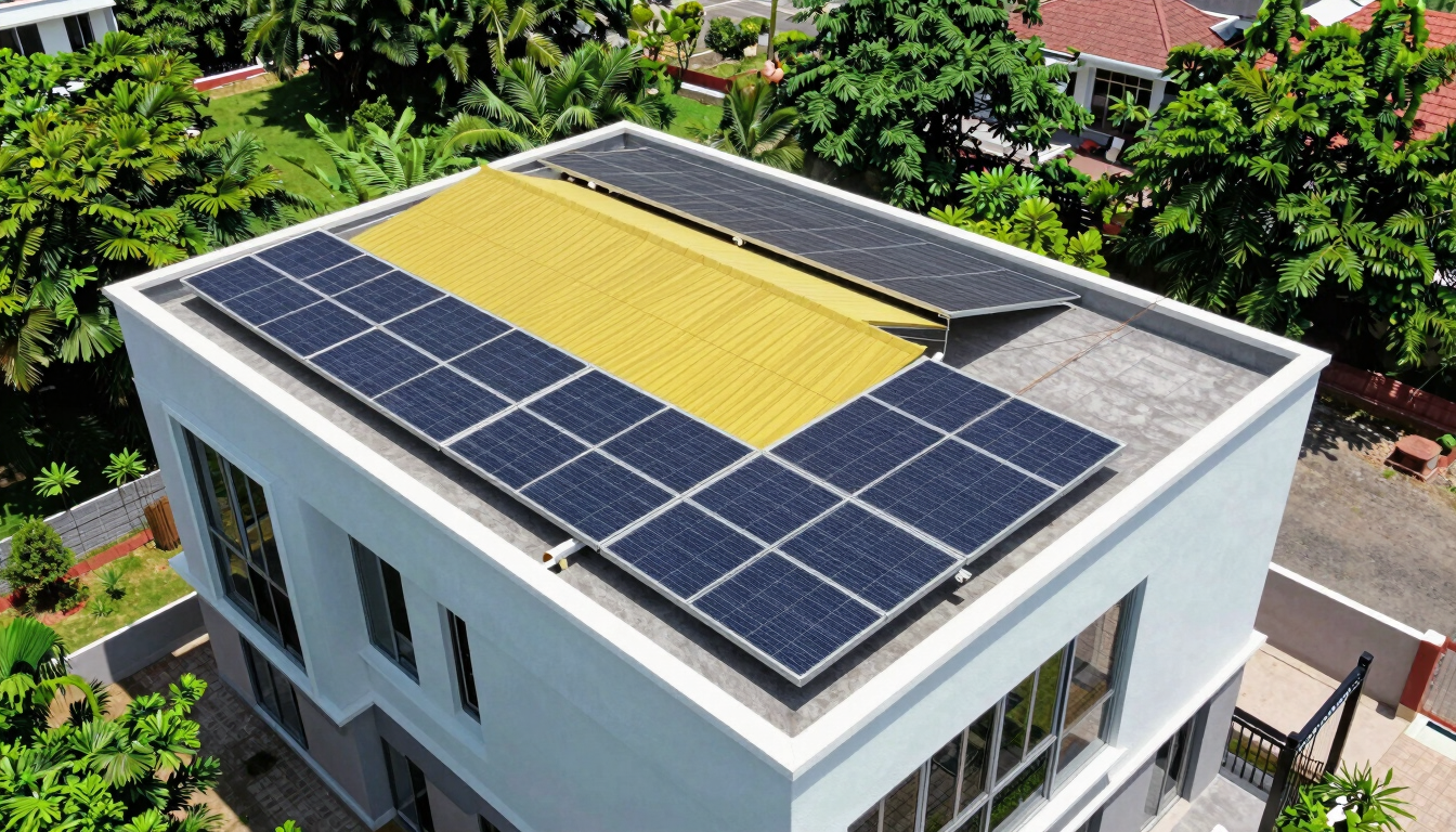 Wide aerial drone shot of a completed residential solar rooftop array on a modern Hyderabad villa, bright direct sunlight, vibrant green trees in the background